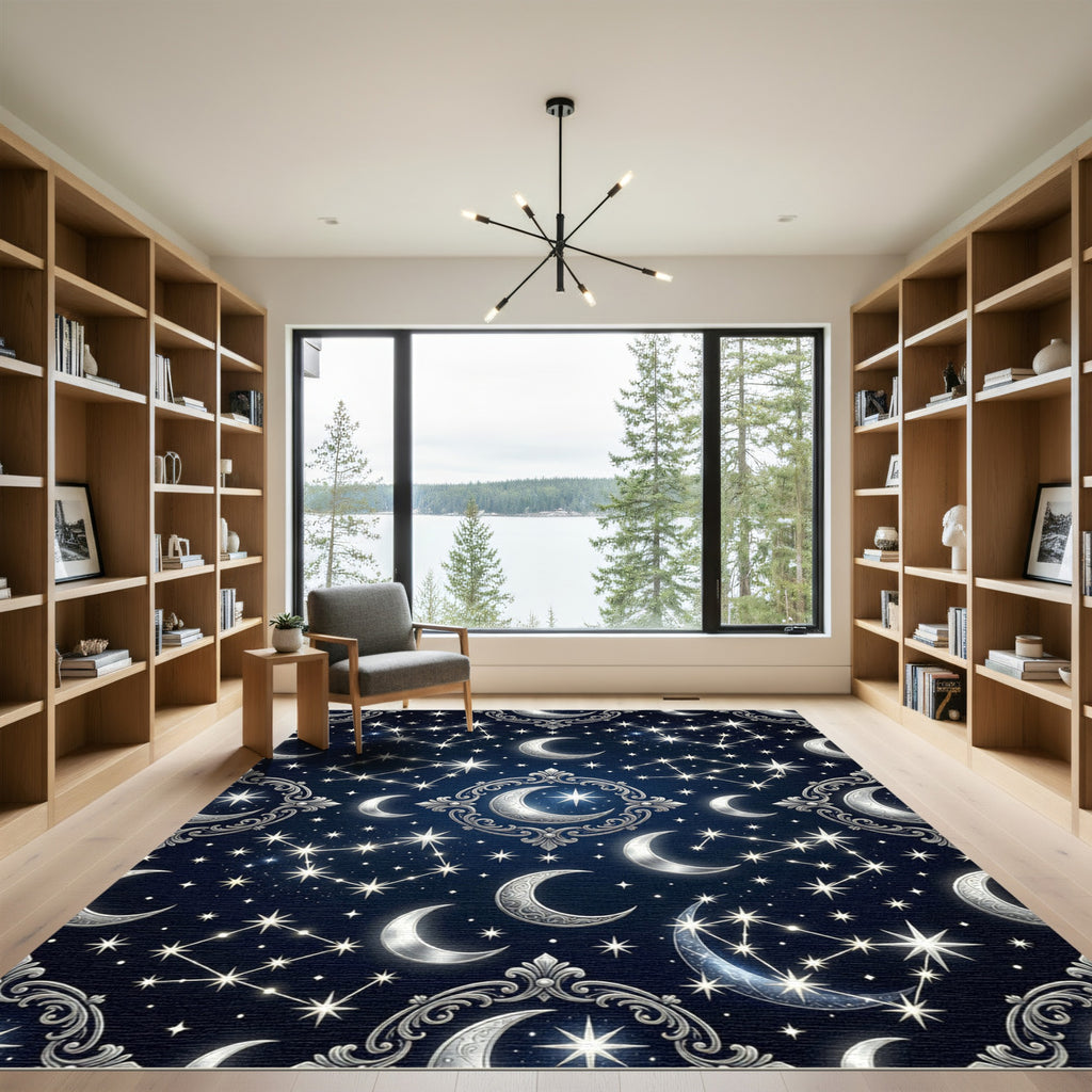 Celestial Silver Crescent Moon Starry Night Rug