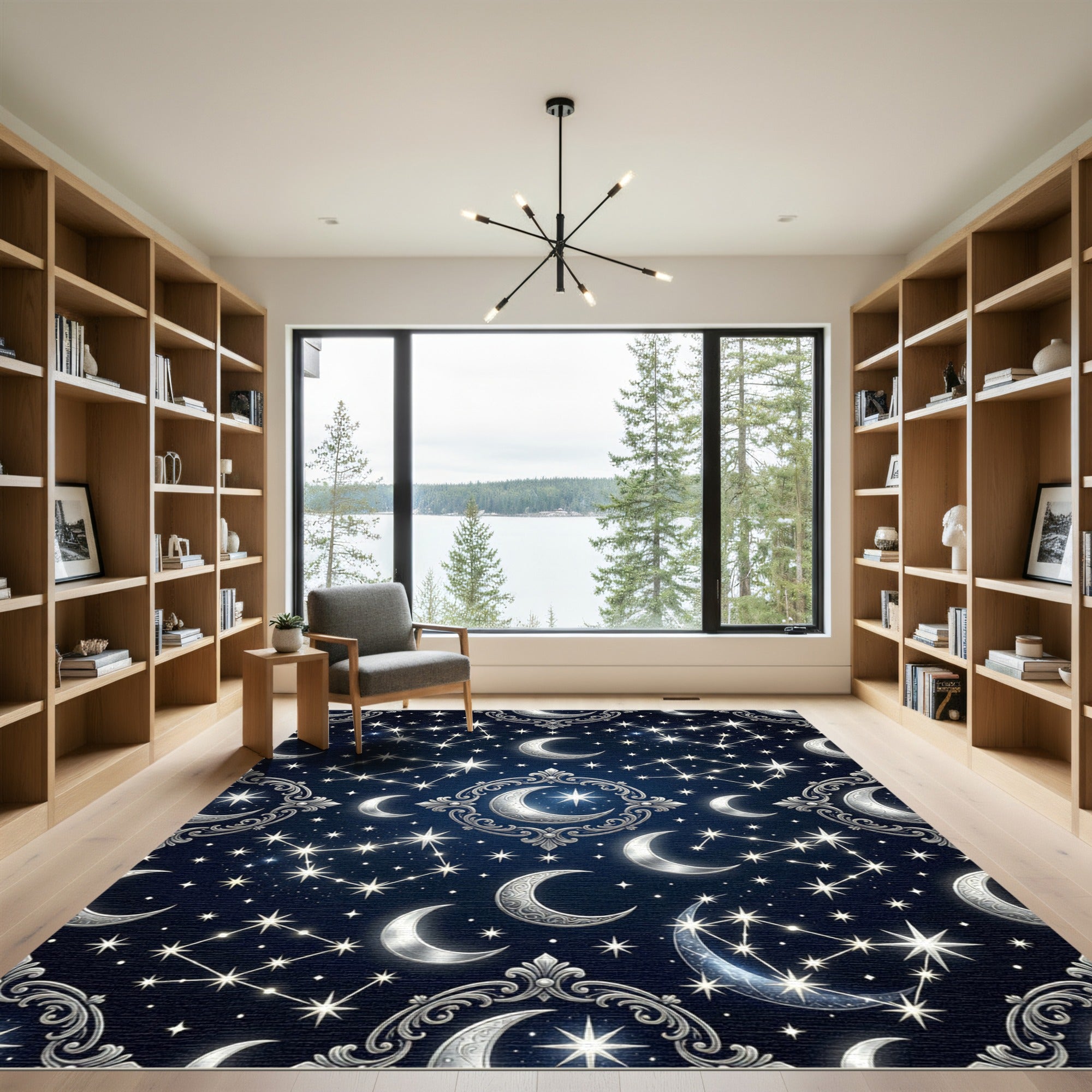 Celestial Silver Crescent Moon Starry Night Rug