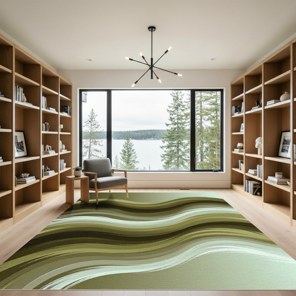 Modern Olive Green Abstract Wavy Rug