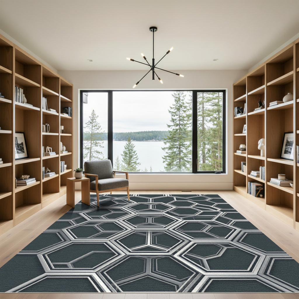 Modern Metallic Gray Geometric Hexagon Rug