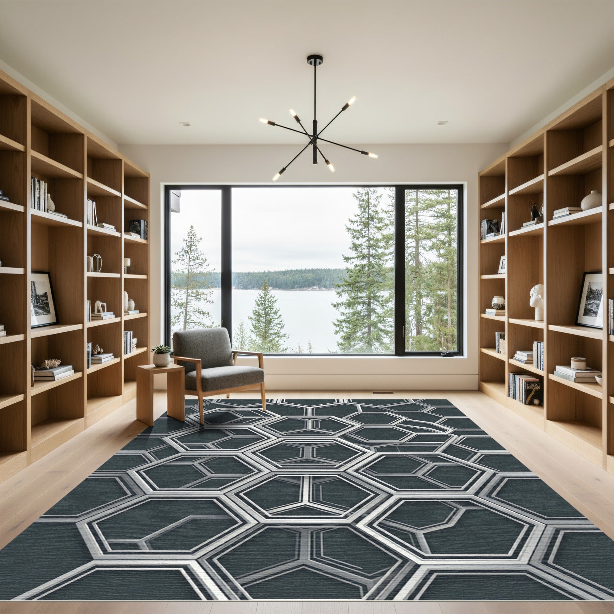 Modern Metallic Gray Geometric Hexagon Rug