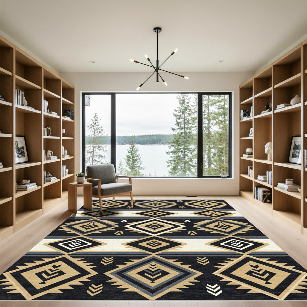 Black and Gold Geometric Chevron Rug