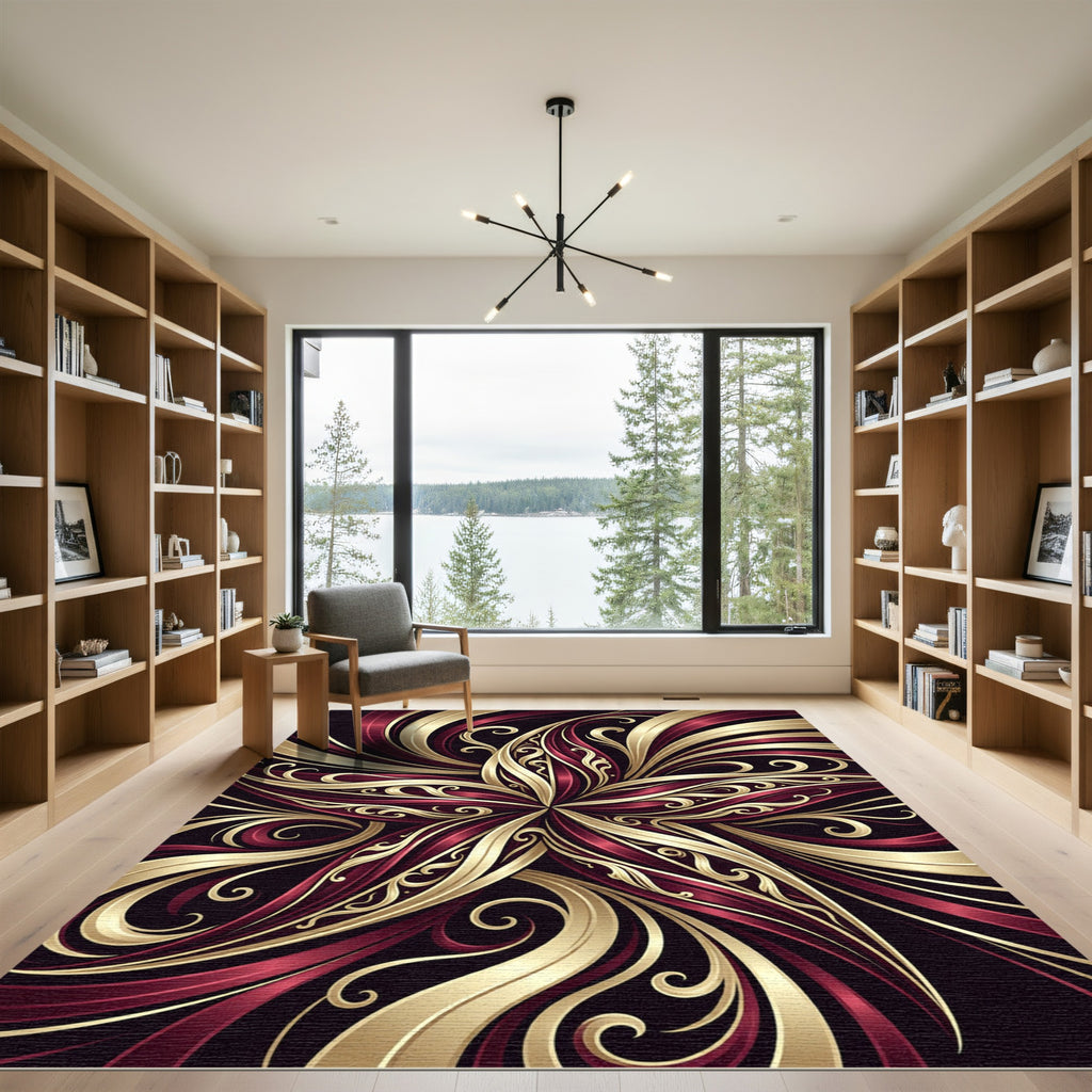 Radiant Scarlet Gold Swirls Rug