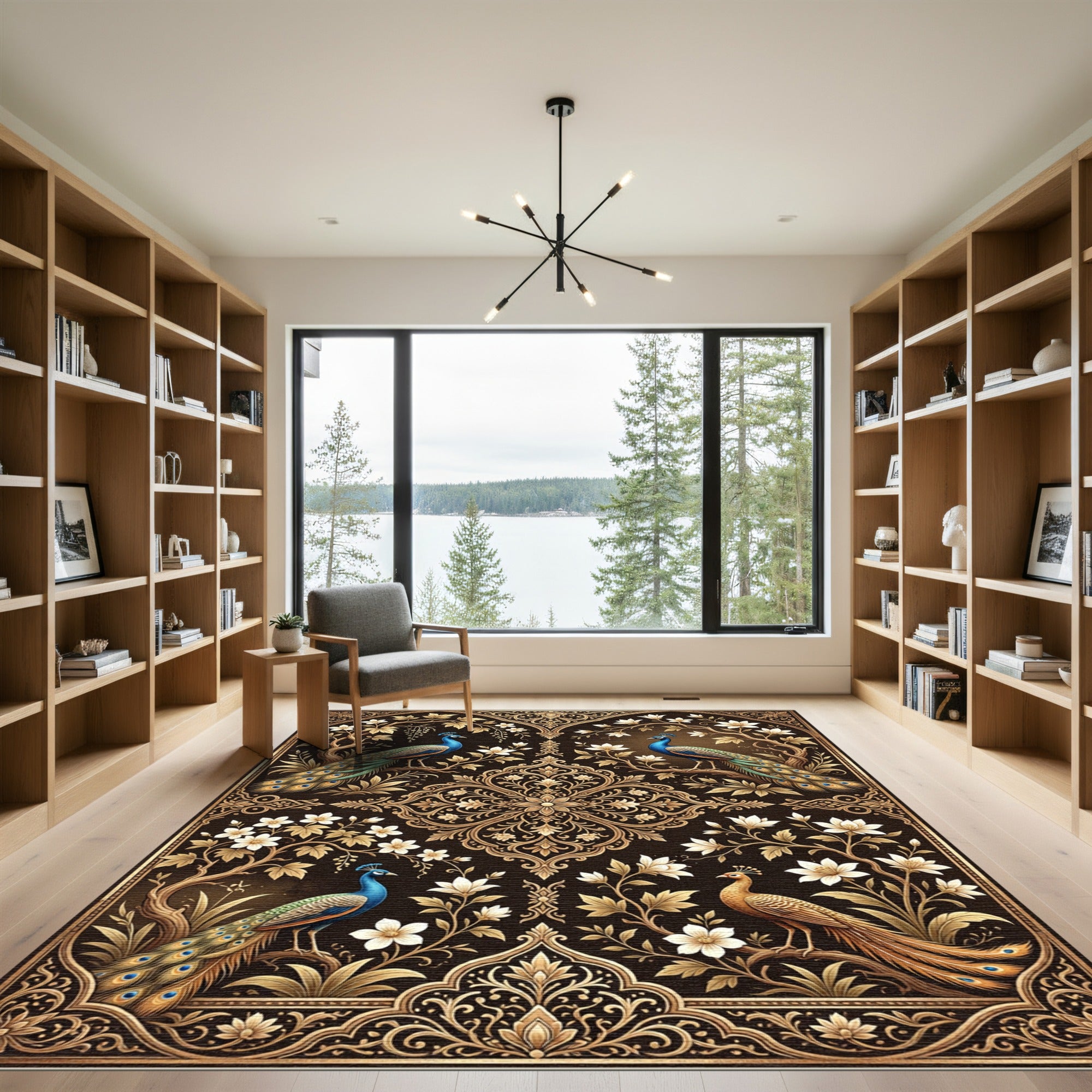Golden Peacock Floral Regal Composition Rug