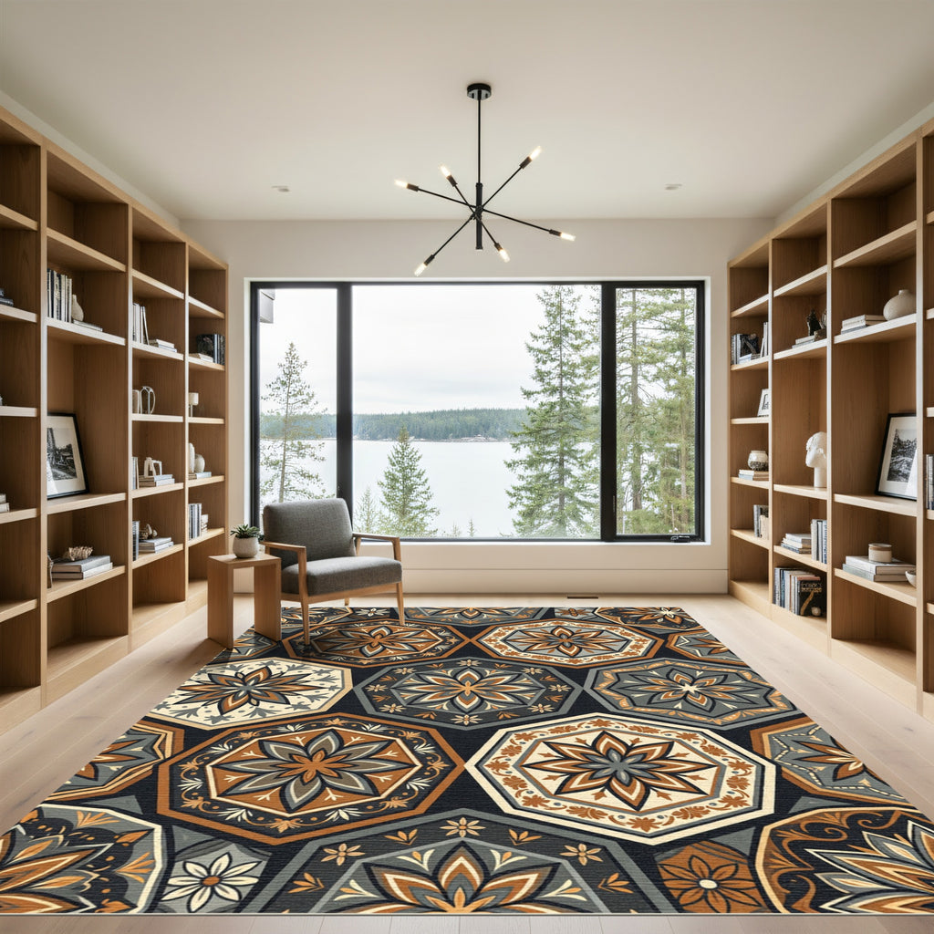 Earthy Geometric Floral Hexagon Mosaic Rug