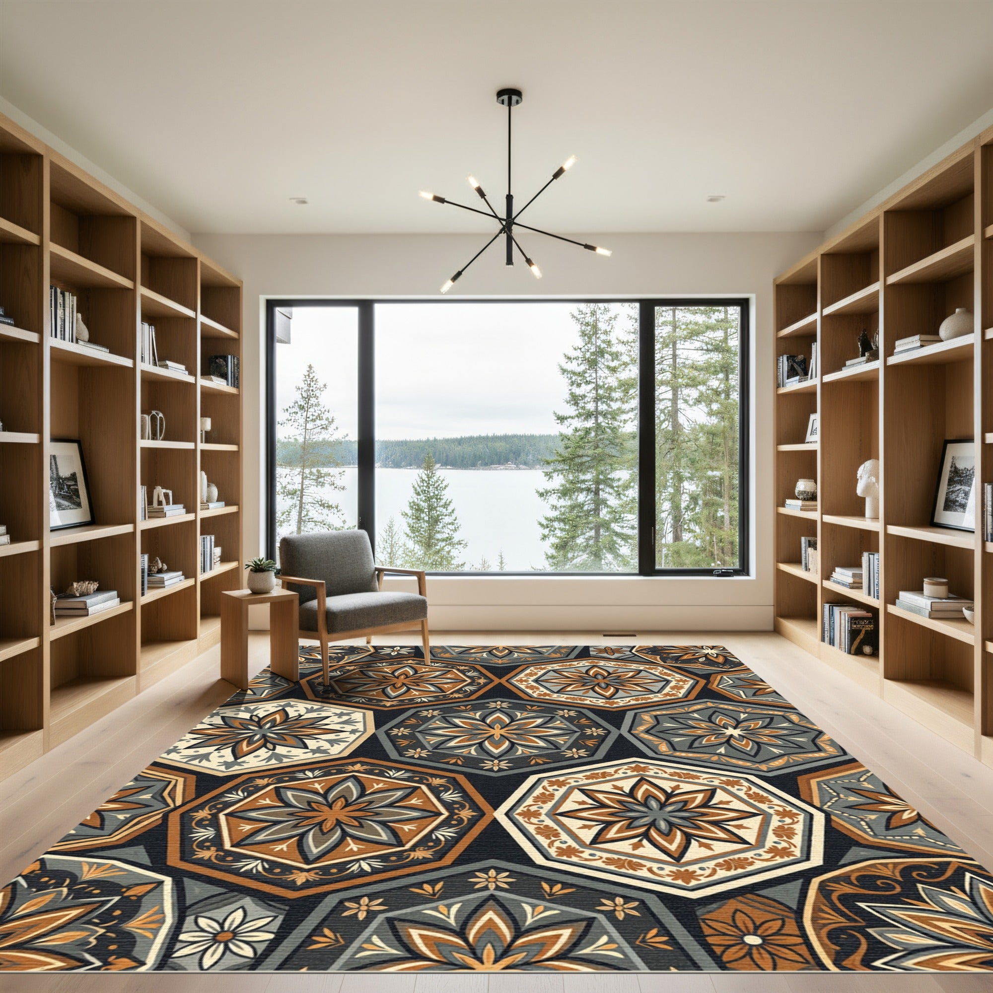 Earthy Geometric Floral Hexagon Mosaic Rug