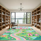 Whimsical Pink Castle Rainbow Unicorn Meadow Rug