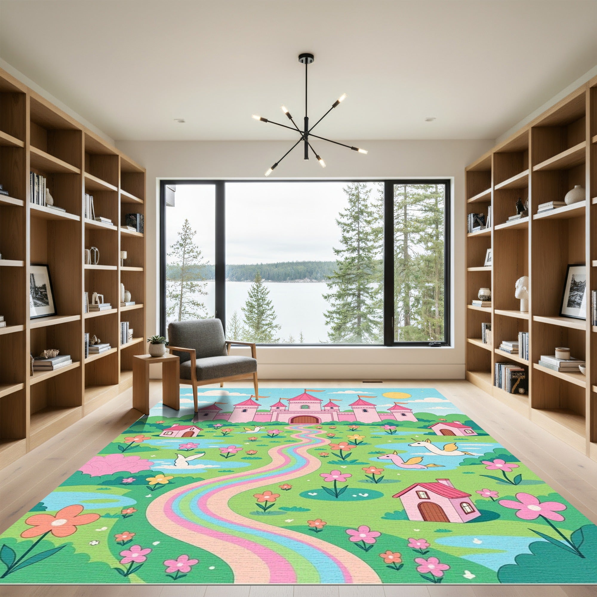 Whimsical Pink Castle Rainbow Unicorn Meadow Rug