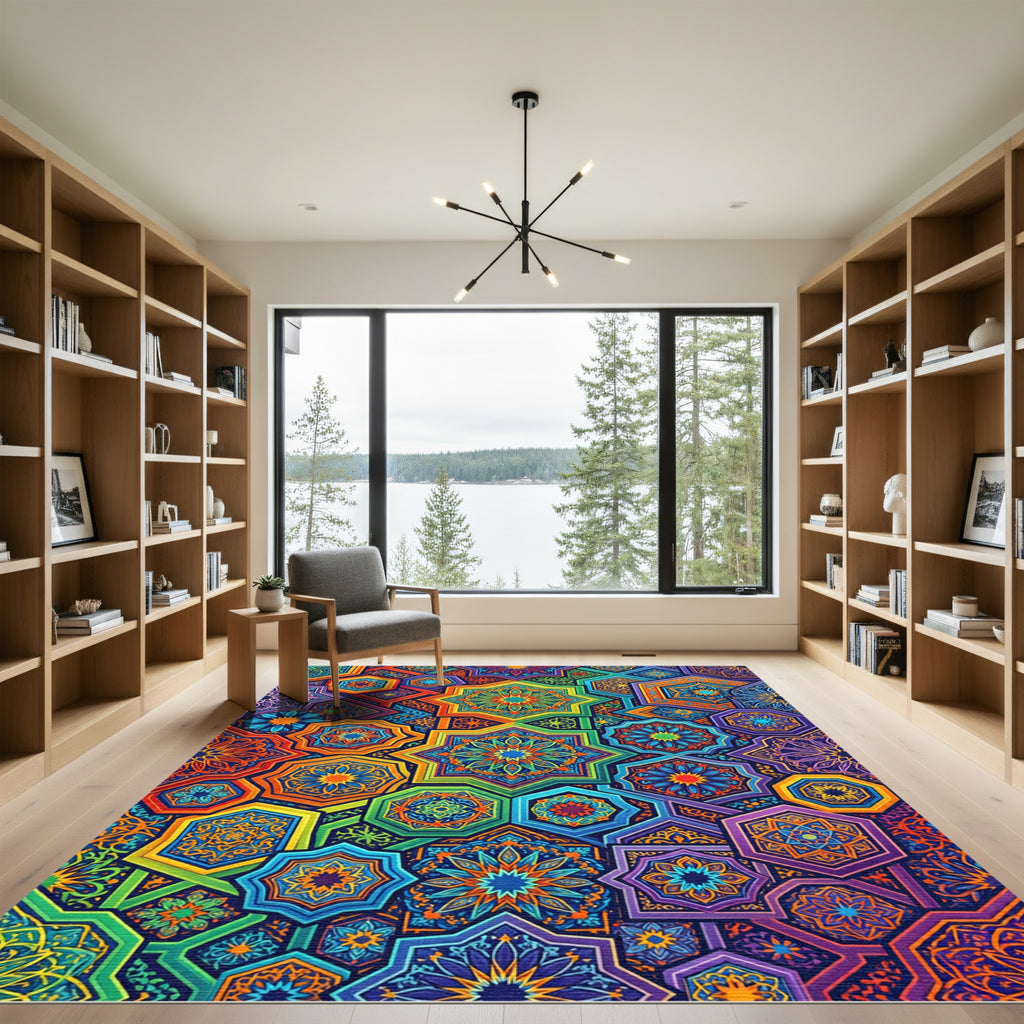 Vibrant Kaleidoscope Geometric Hexagon Mosaic Rug