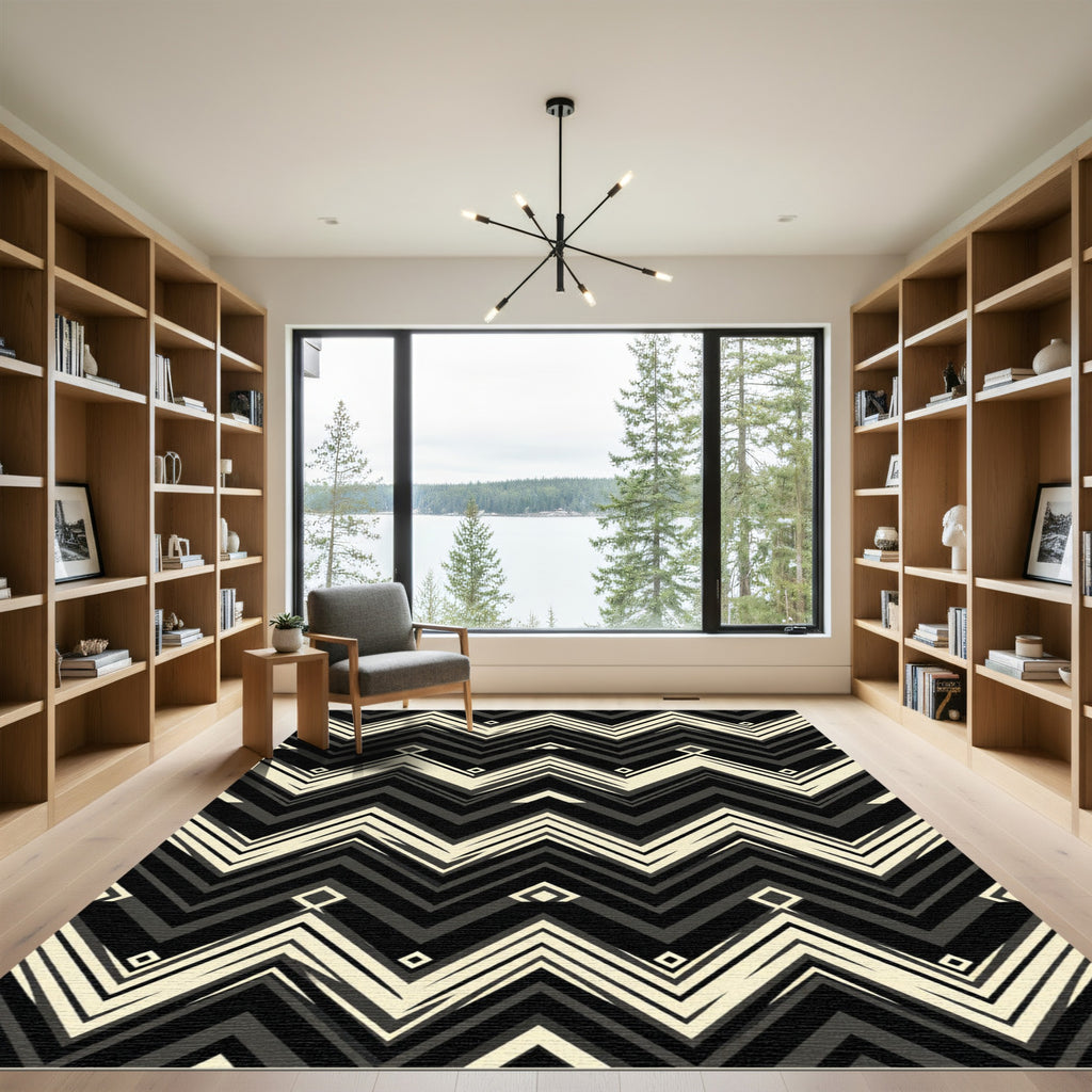 Striking Black Cream Geometric Zigzag Rug