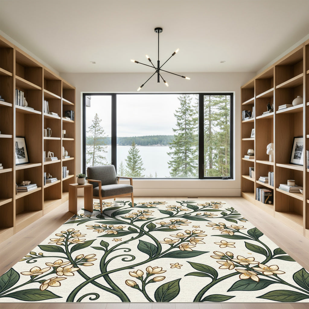 Elegant Cream Jasmine Botanical Vine Rug
