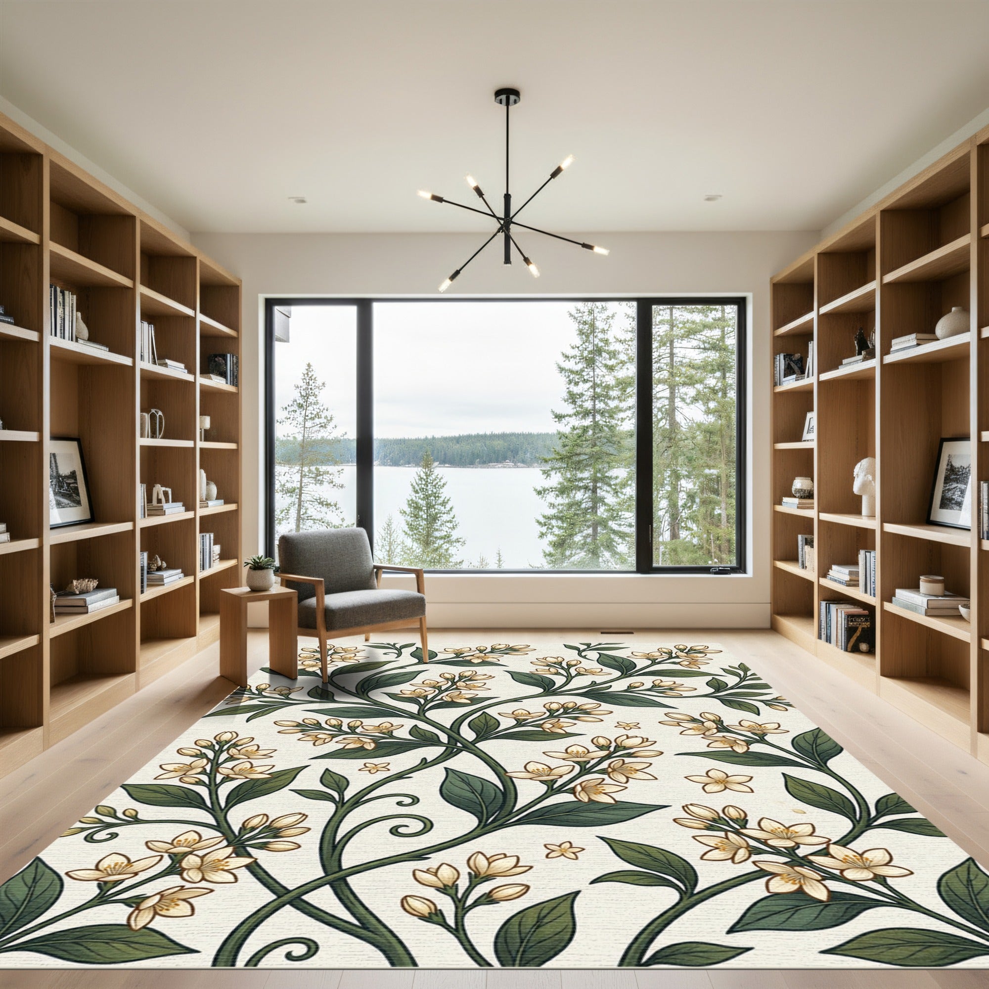 Elegant Cream Jasmine Botanical Vine Rug