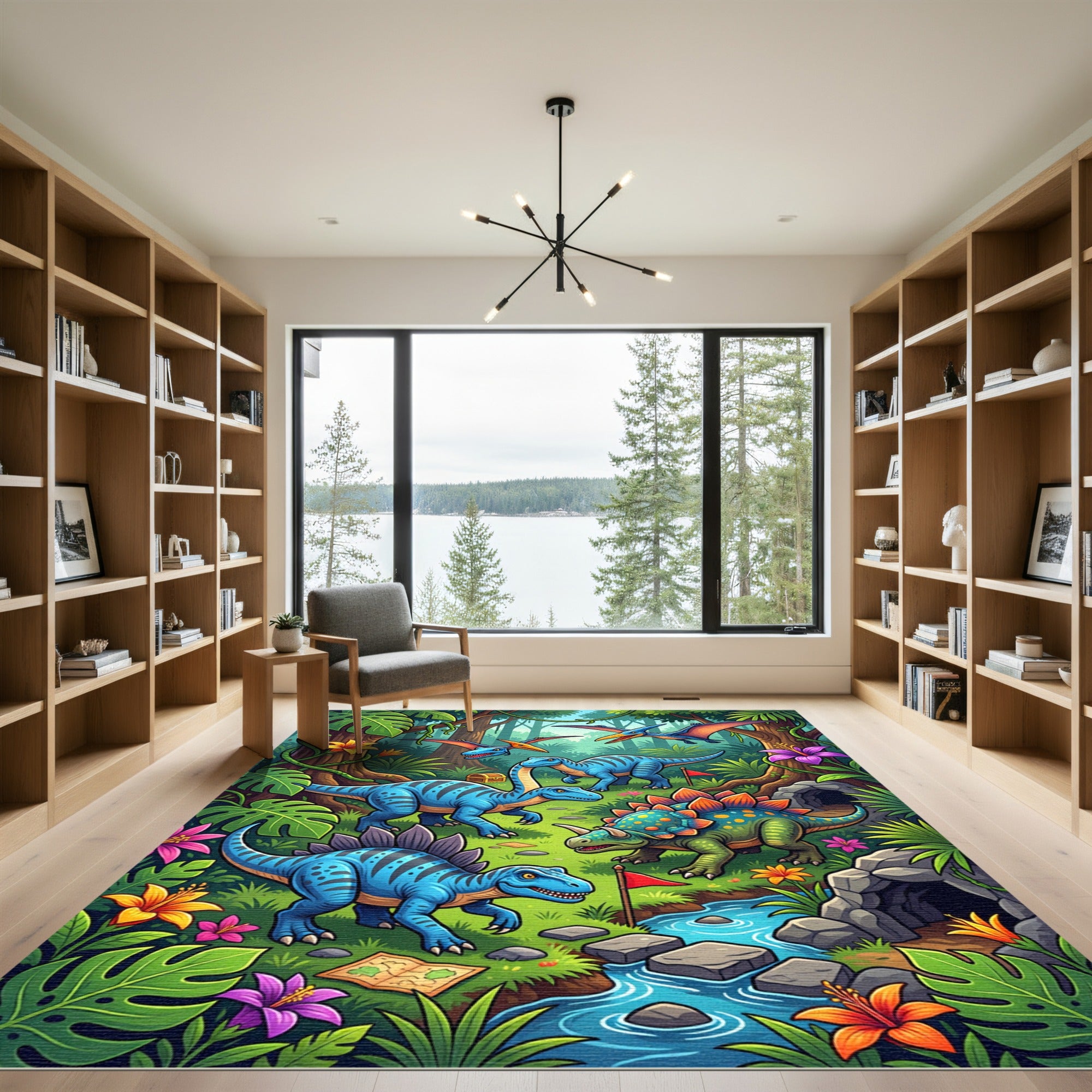 Vibrant Tropical Dinosaur Jungle Scene Rug