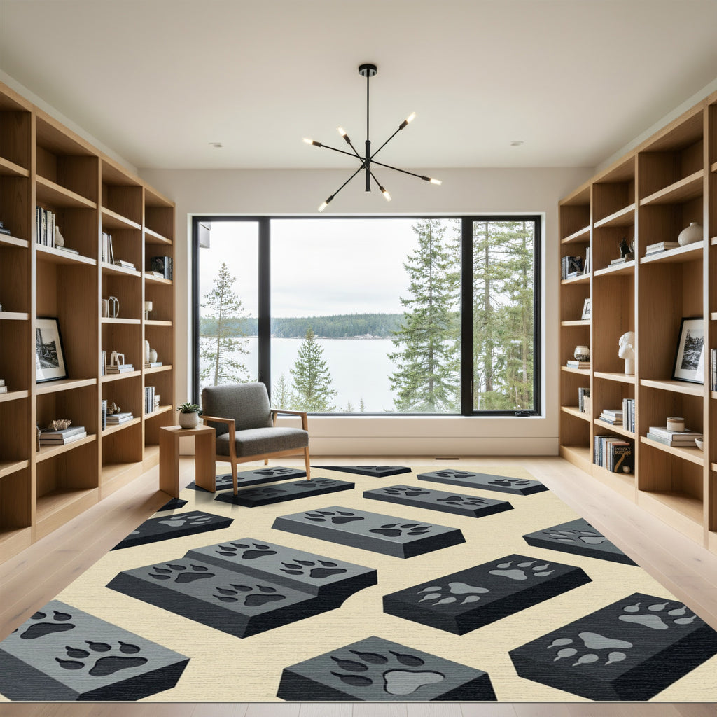 Minimalist Charcoal Isometric Paw Track Rug
