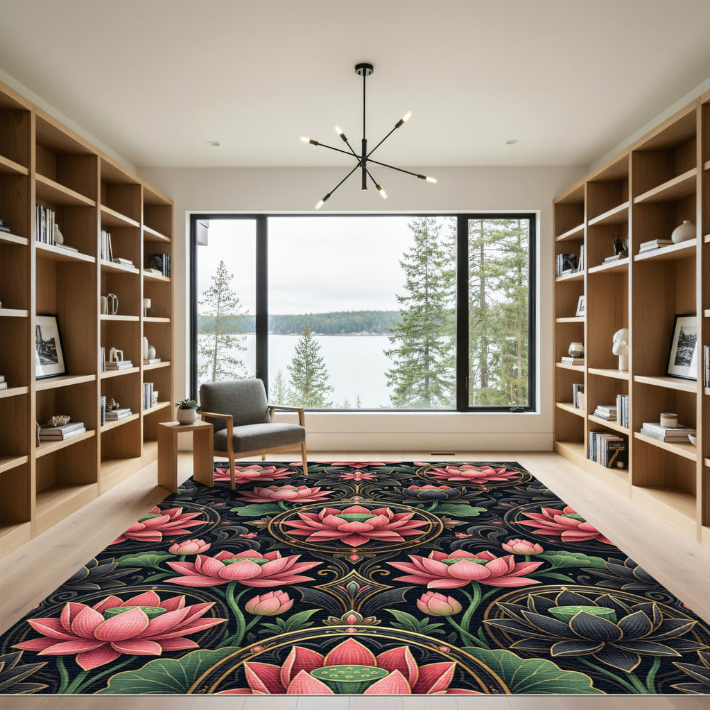 Pink Lotus Mandala Floral Gold Accent Rug
