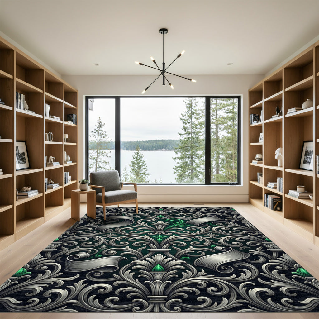 Elegant Silver Damask Scroll Emerald Accents Rug