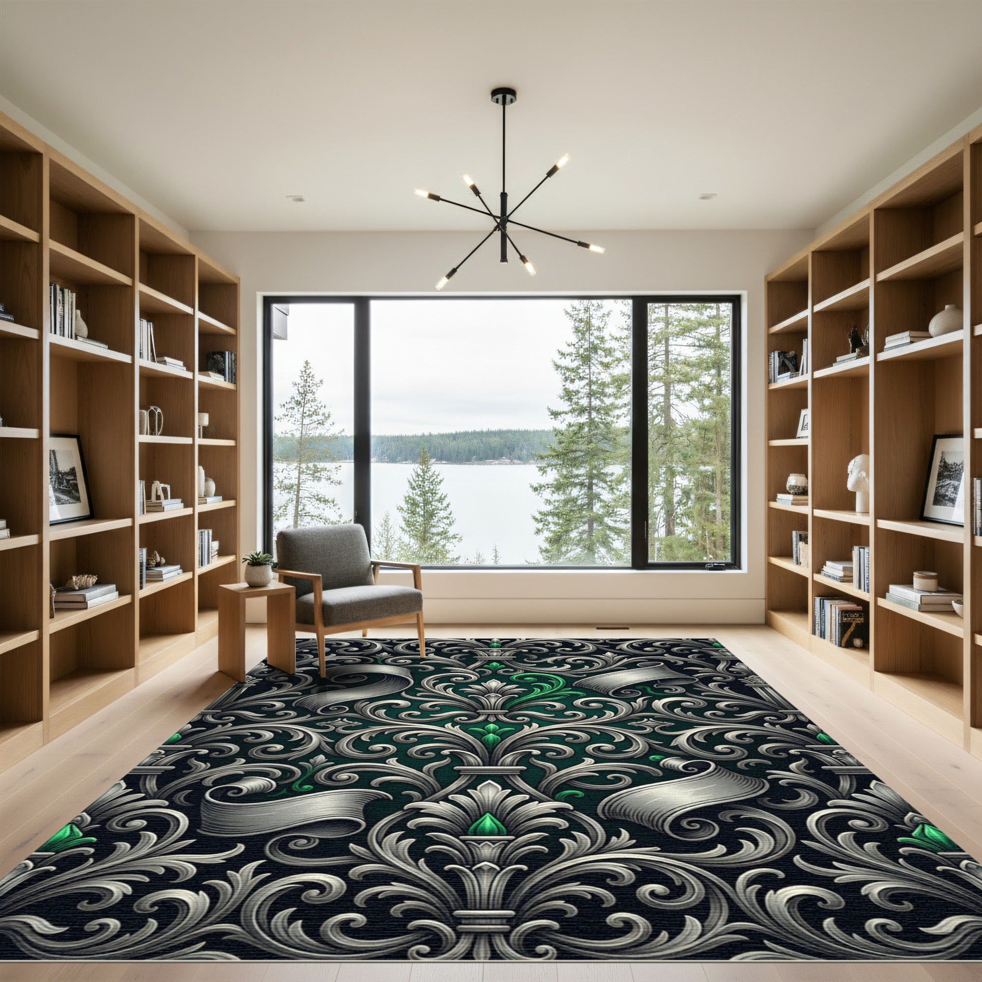 Elegant Silver Damask Scroll Emerald Accents Rug
