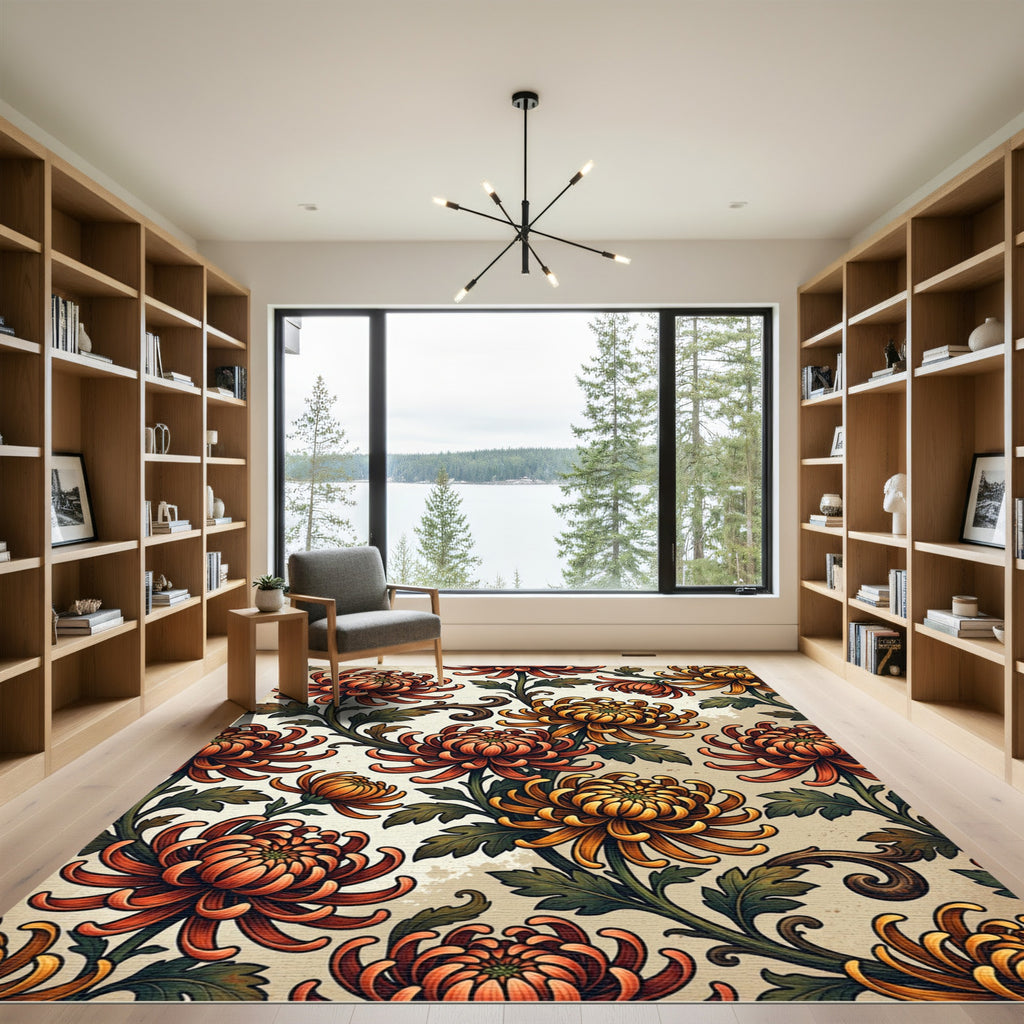 Vintage Autumn Chrysanthemum Floral Botanical Rug