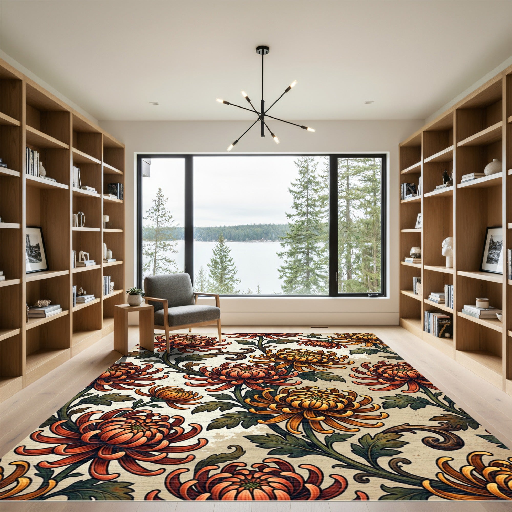 Vintage Autumn Chrysanthemum Floral Botanical Rug