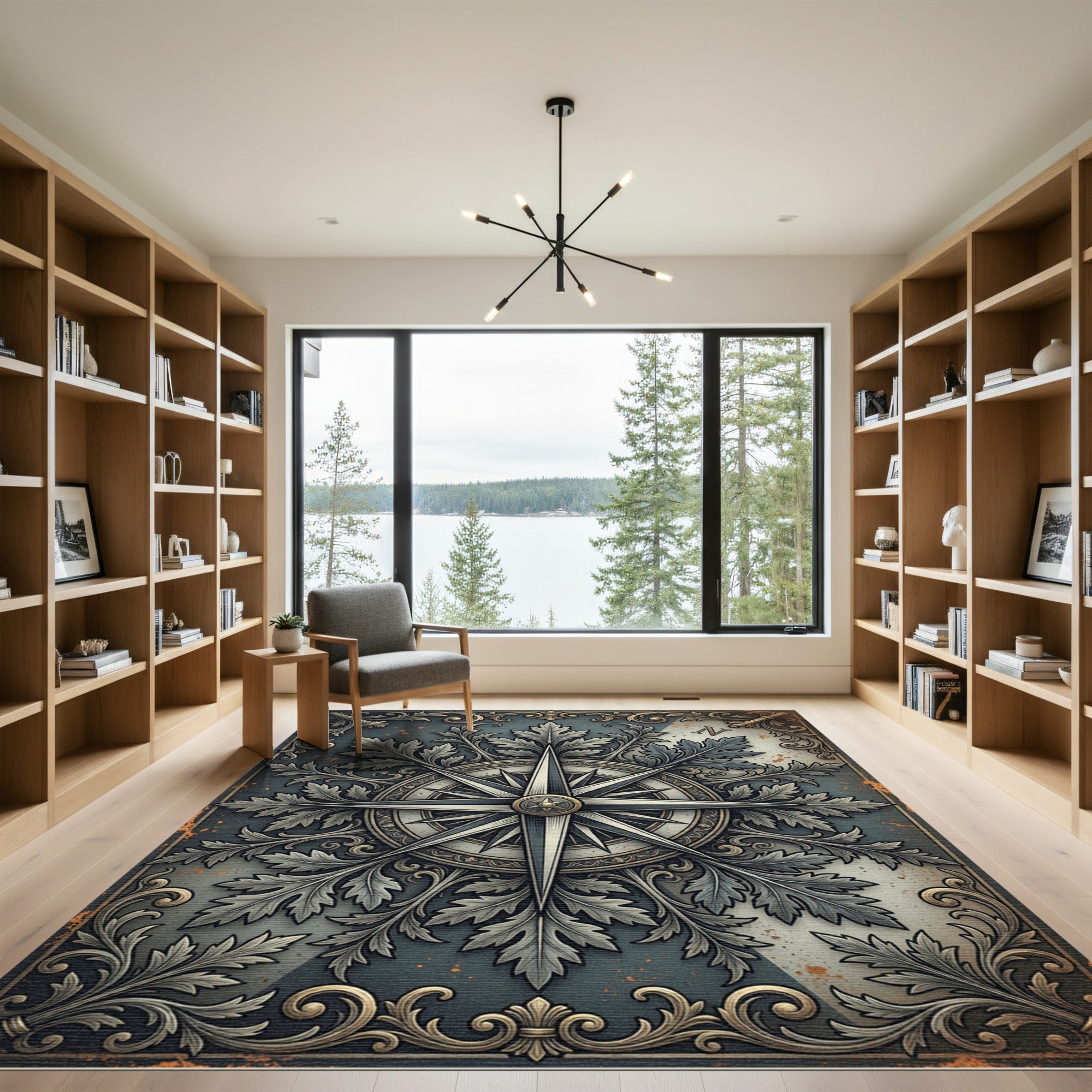 Ornate Gray Acanthus Compass Star Rug