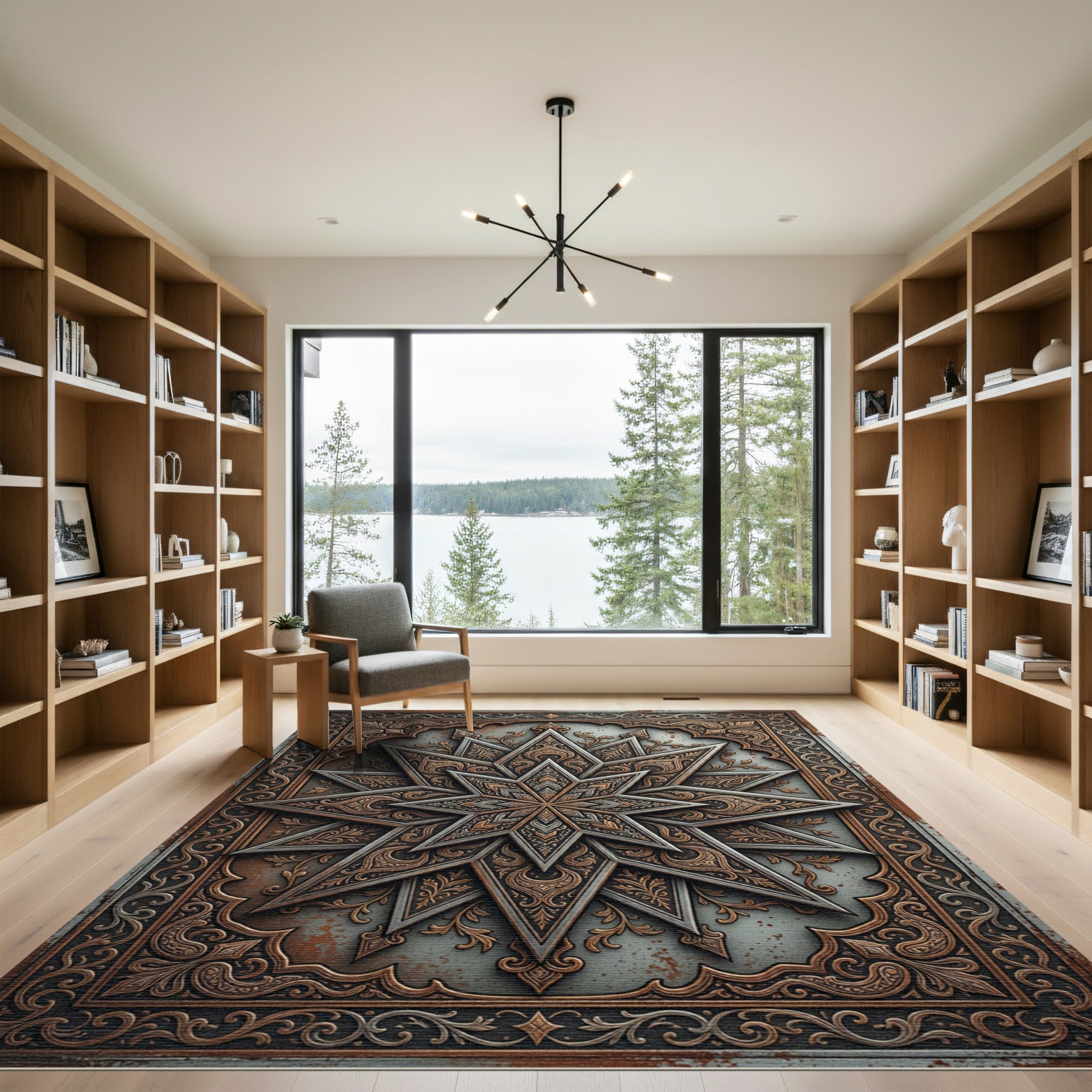 Ornate Metallic Bronze Geometric Star Rug