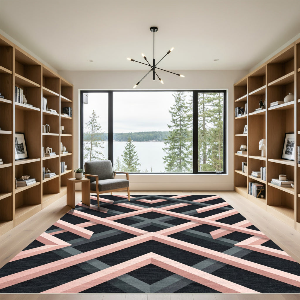 Blush and Charcoal Geometric Interlocking Lattice Rug
