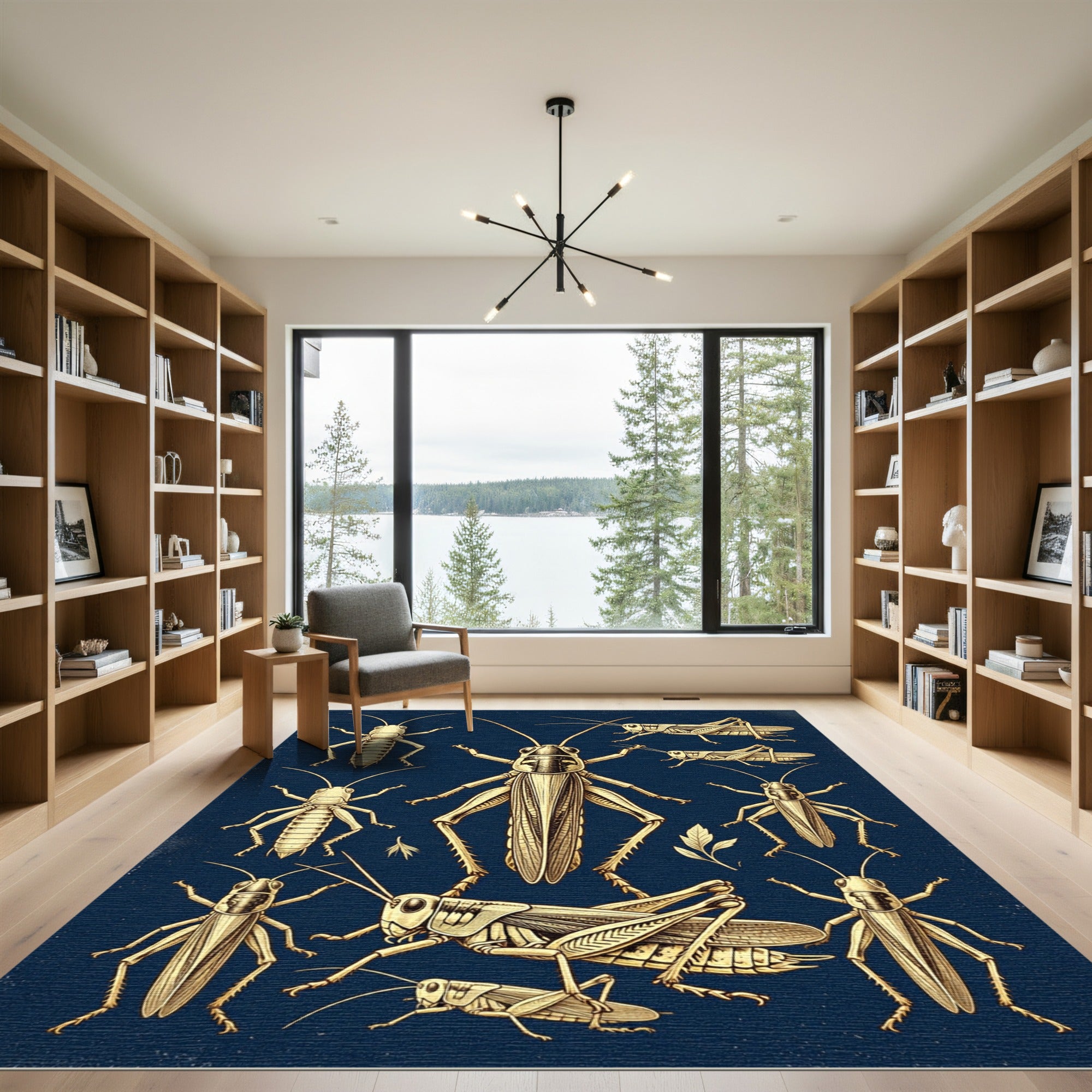 Vintage Golden Grasshopper Entomological Navy Rug
