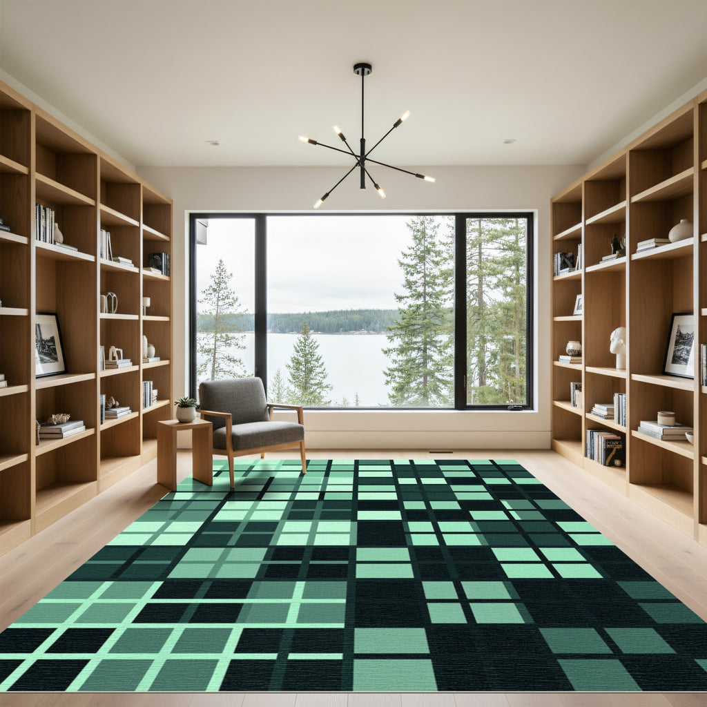 Mint Green Grid Abstract Geometric Rug