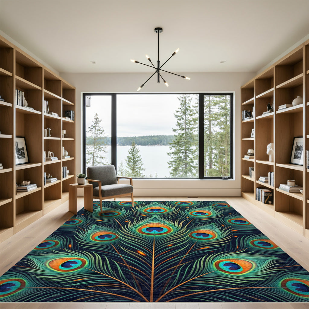 Vibrant Peacock Feather Teal Gold Art Rug