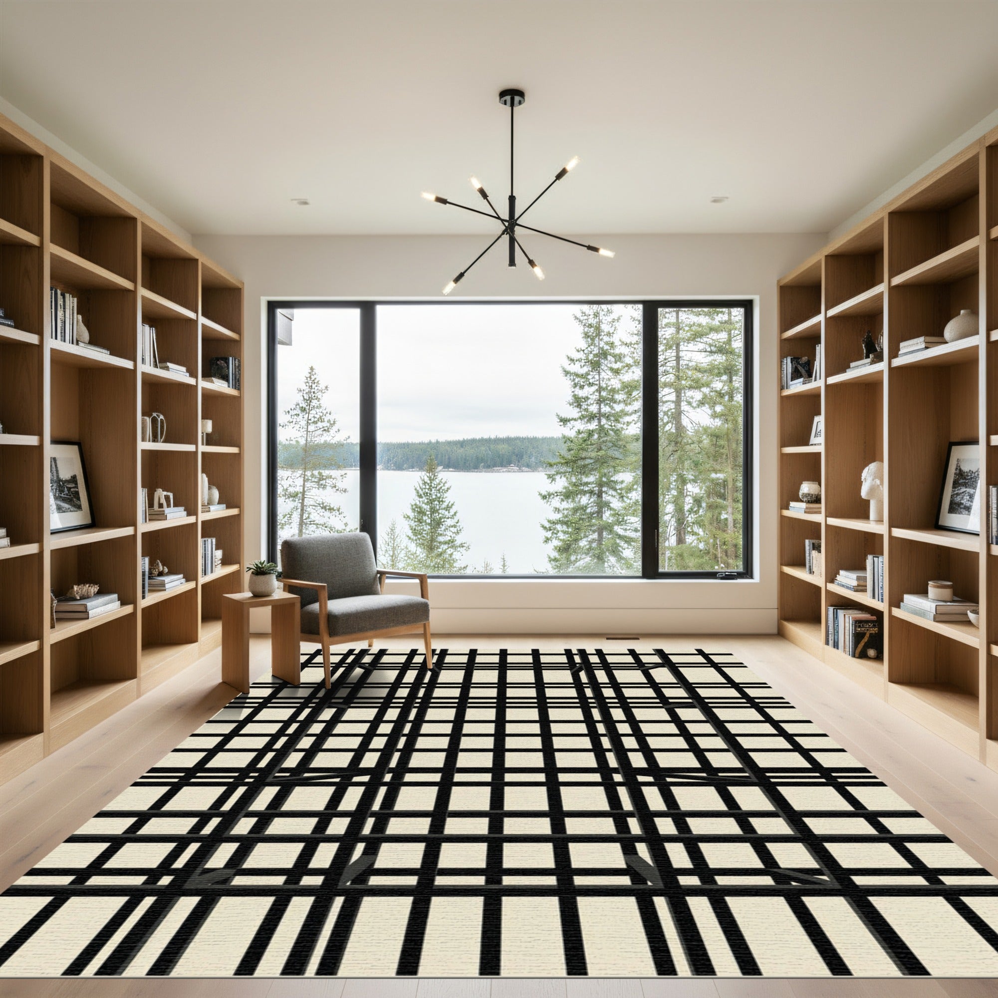 Minimalist Black Grid Geometric Linear Rug
