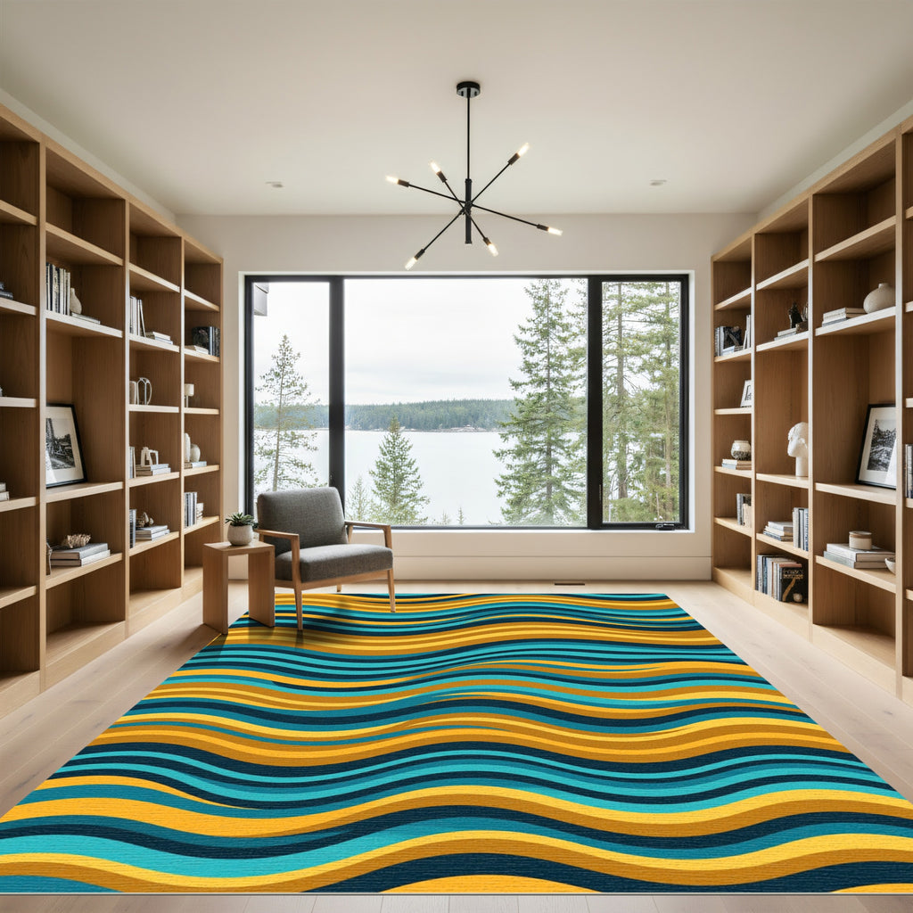 Modern Golden Teal Wavy Abstract Flow Rug