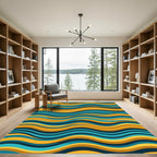 Modern Golden Teal Wavy Abstract Flow Rug