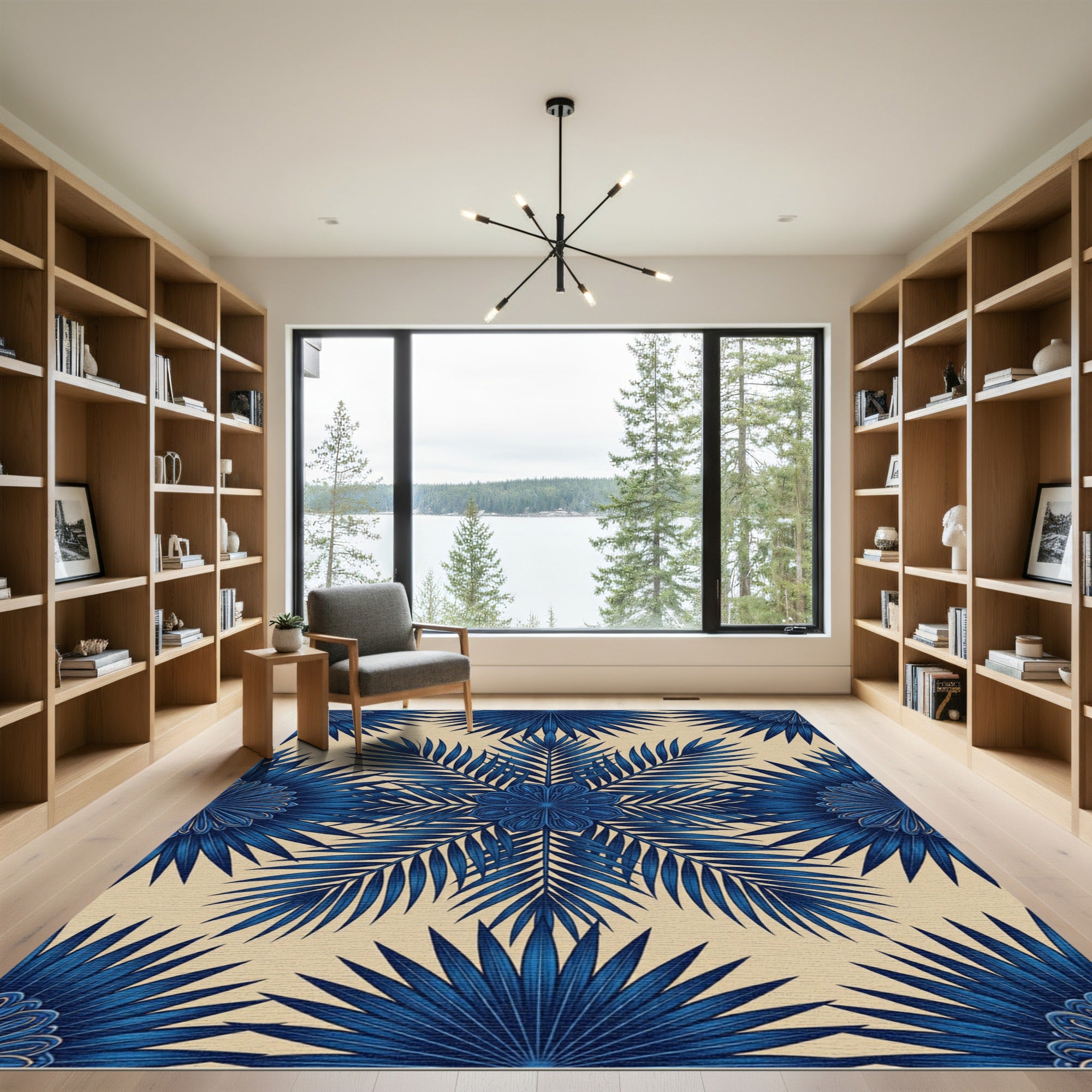 Deep Blue Tropical Palm Medallion Rug