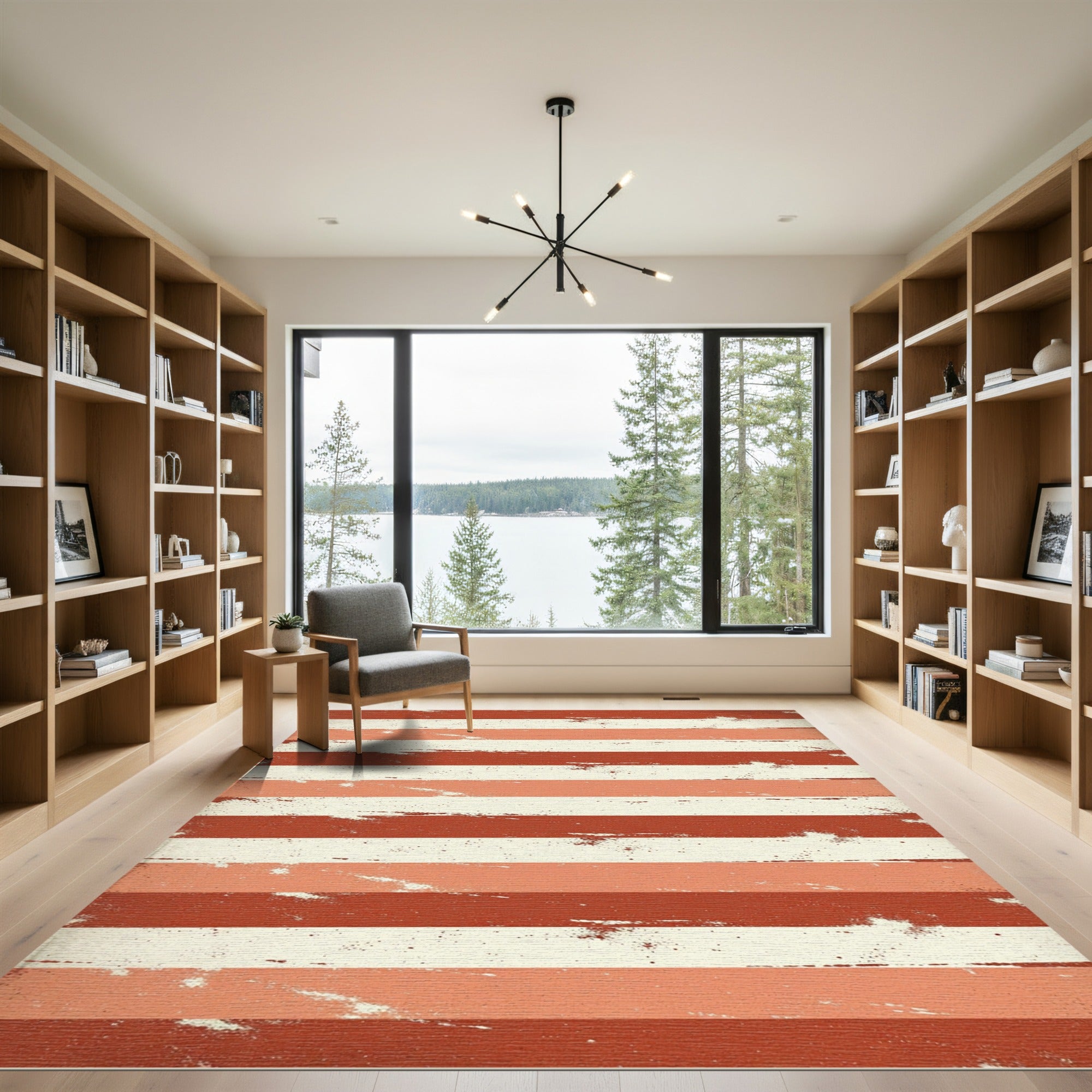 Distressed Burnt Orange and Cream Horizontal Stripe Rug