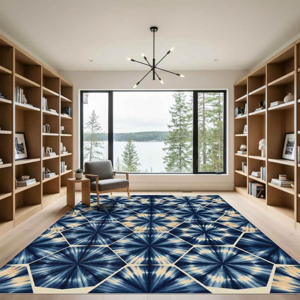 Indigo Tie Dye Hexagonal Burst Rug