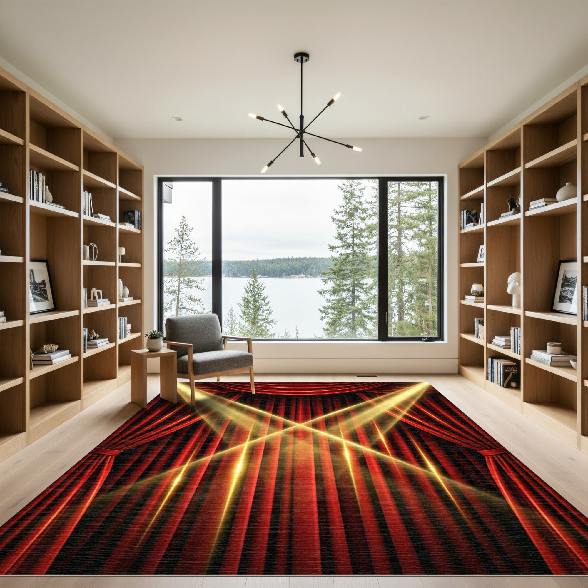 Dramatic Red Stage Spotlight Rays Rug
