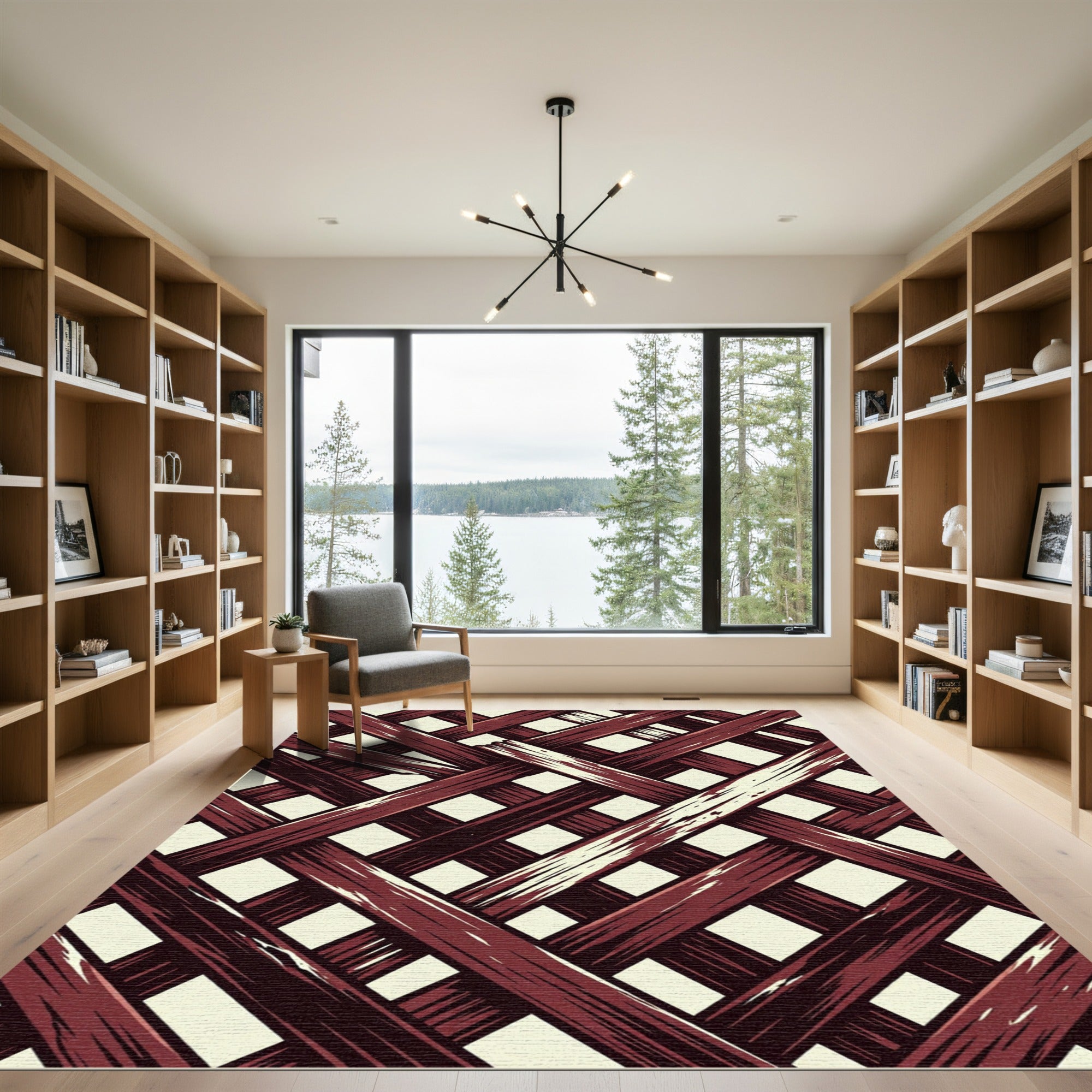 Dark Crimson Woven Lattice Grid Rug