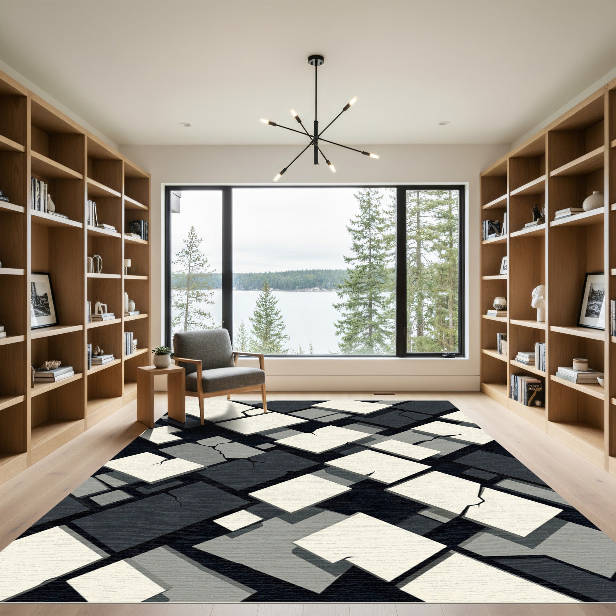 Monochrome Geometric Fracture Abstract Block Rug