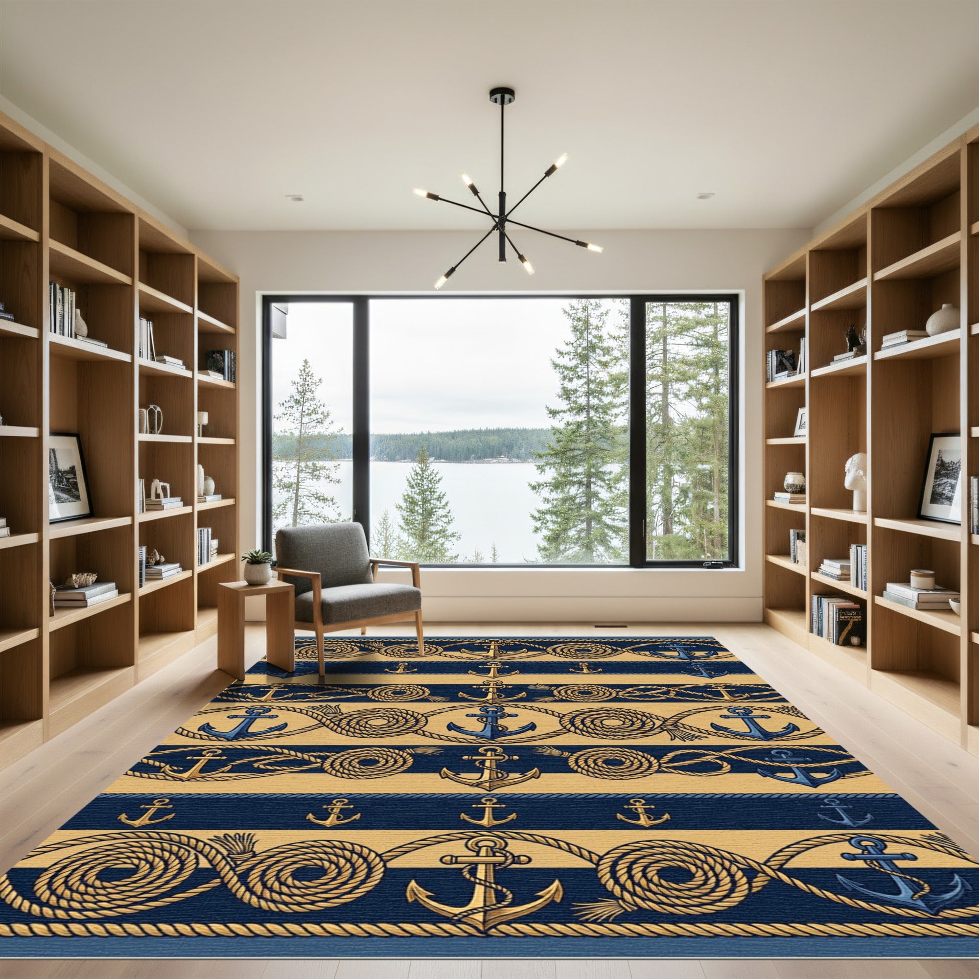 Nautical Navy Gold Anchor Rope Border Rug