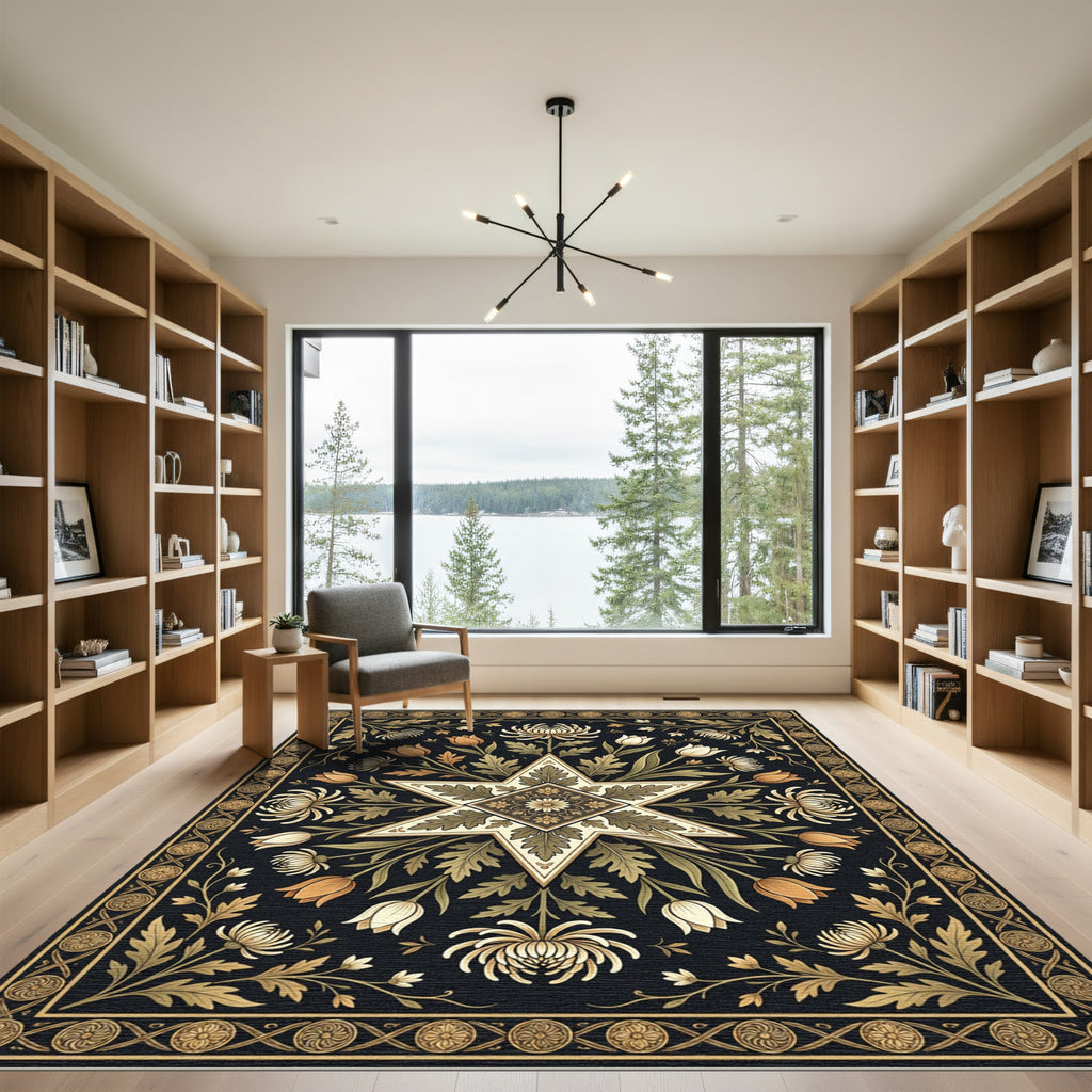 Floral Star Gold Black Botanical Art Rug