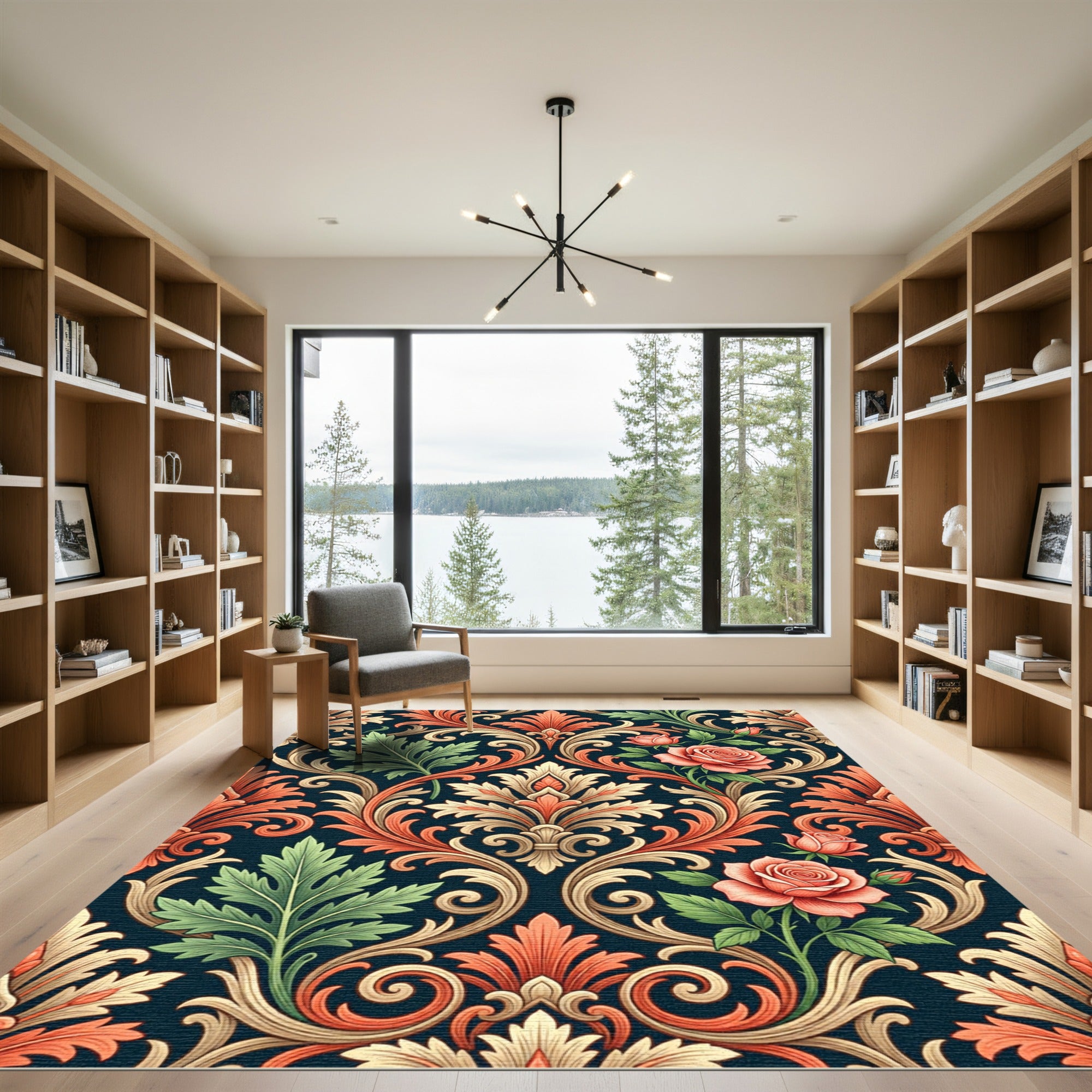 Coral Rose Scrolling Acanthus Damask Rug