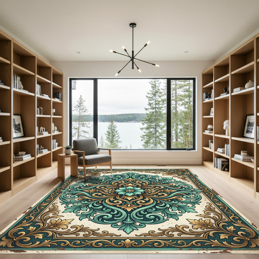 Elegant Teal and Gold Baroque Medallion Rug