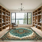Elegant Teal and Gold Baroque Medallion Rug