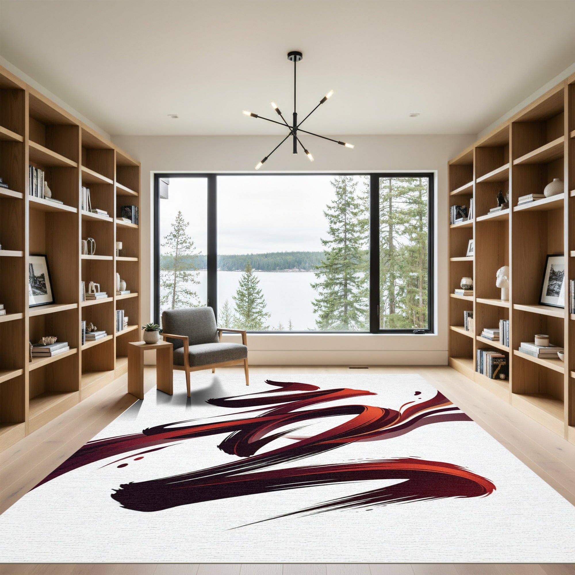 Dynamic Crimson Abstract Brushstroke Art Rug