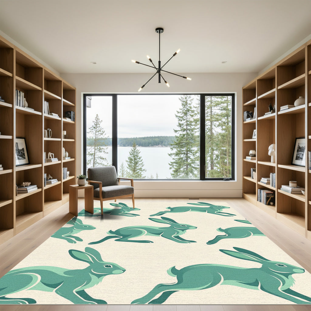 Sage Green Leaping Rabbit Illustration Rug