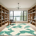 Sage Green Leaping Rabbit Illustration Rug