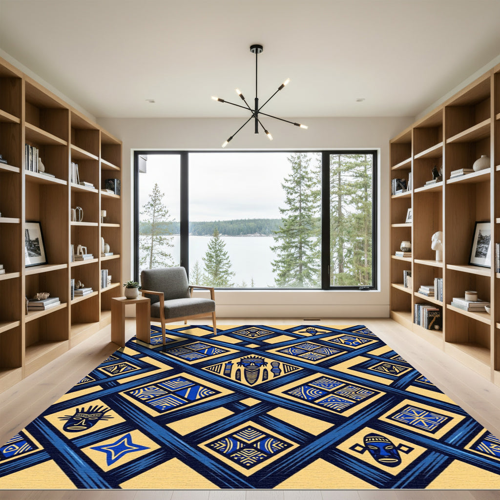 Geometric Blue Gold Tribal Diamond Rug