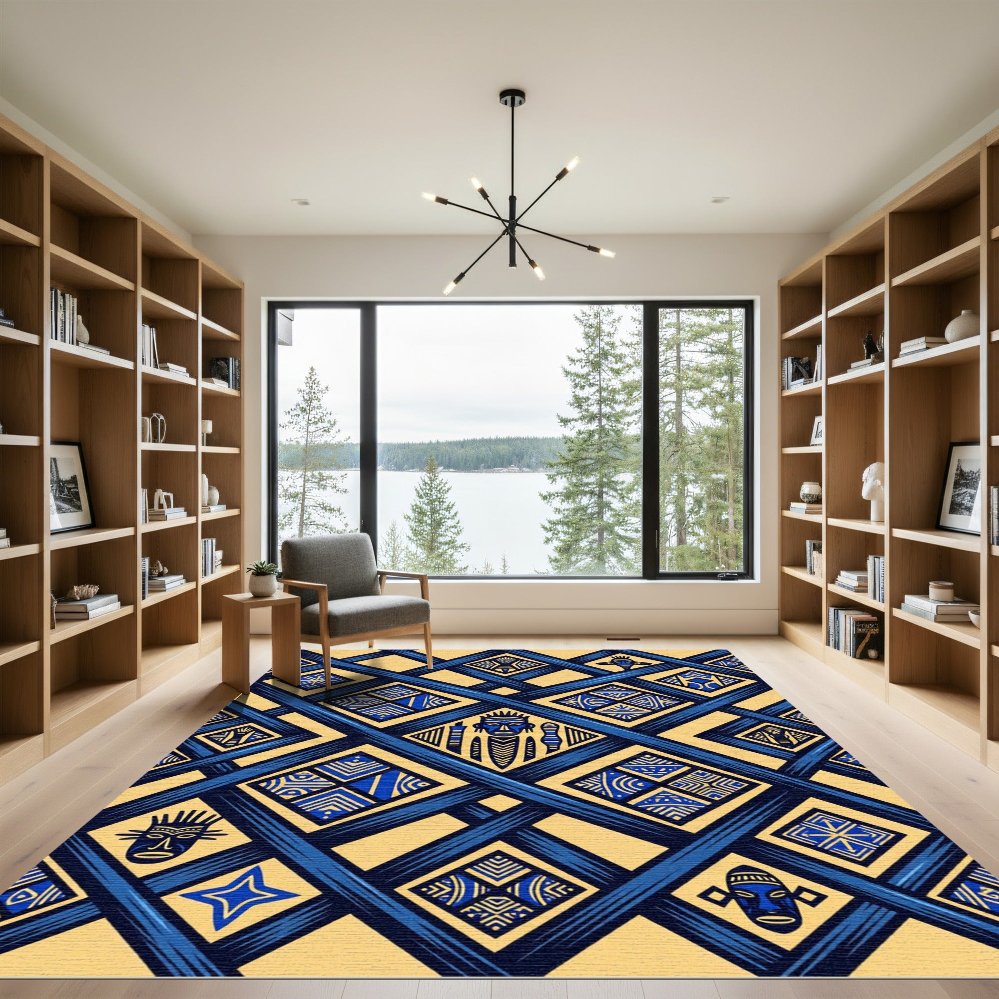 Geometric Blue Gold Tribal Diamond Rug