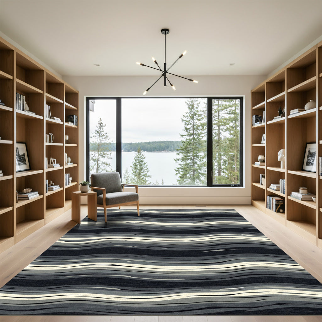 Monochrome Wavy Abstract Layered Lines Rug