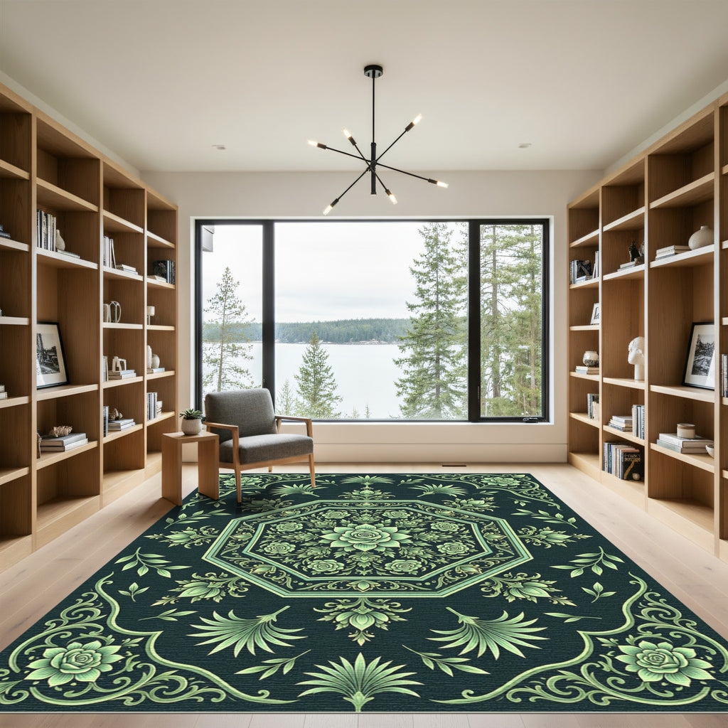 Emerald Green Floral Octagon Crest Rug